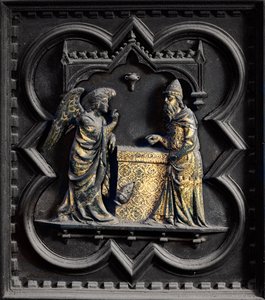 Anděl oznamuje Zachariášovi, první panel jižních dveří baptisteria San Giovanni, 1336 (bronz)